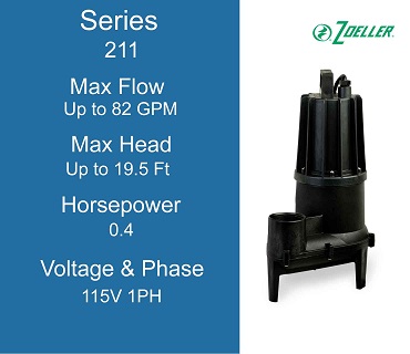 Zoeller Sewage Pumps, Model 211, 0.4 Horsepower, 115 Volts 1 Phase